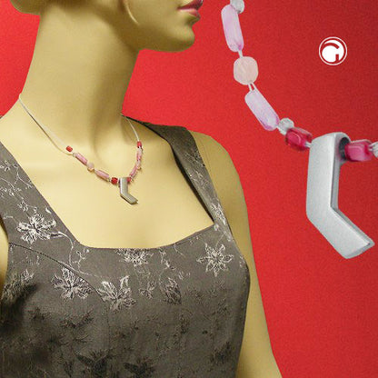 Wire chain with glass beads pink silver-grey matt and pendant tin cast 42cm