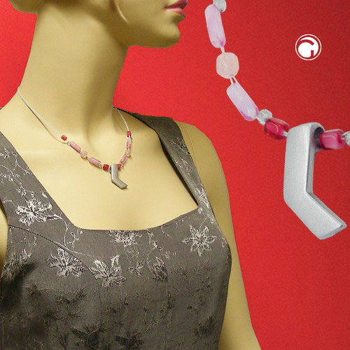 Wire chain with glass beads pink silver-grey matt and pendant tin cast 42cm