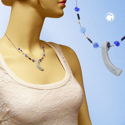 Wire chain with glass beads and sickle pendant, grey-blue enamel, 42cm