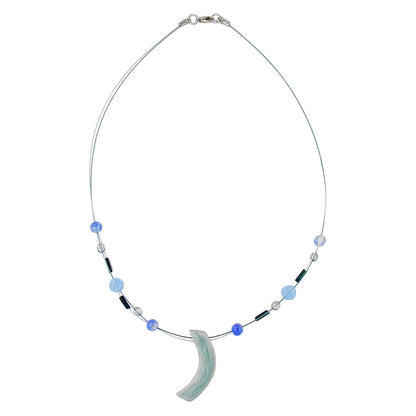Wire chain with glass beads and sickle pendant, grey-blue enamel, 42cm