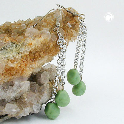 Ear hooks earrings 70mm pea chain with beads plastic light green