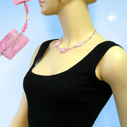 Chain wire chain square wavy pink-marbled plastic beads 45cm