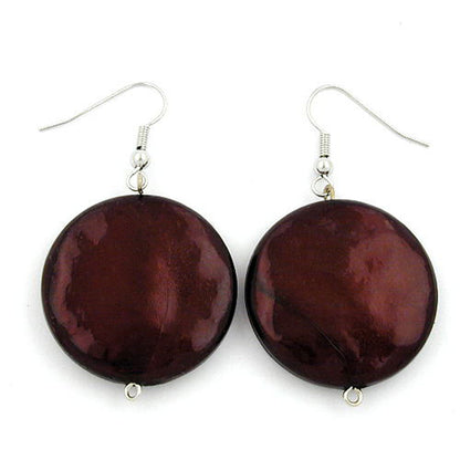 Ear hook earring 28mm disc coffee brown-glossy plastic