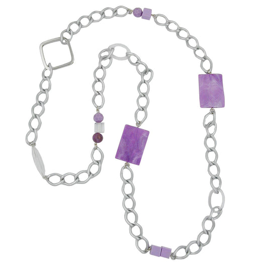 Chain plastic beads lilac-marbled wide curb chain aluminum light gray 95cm