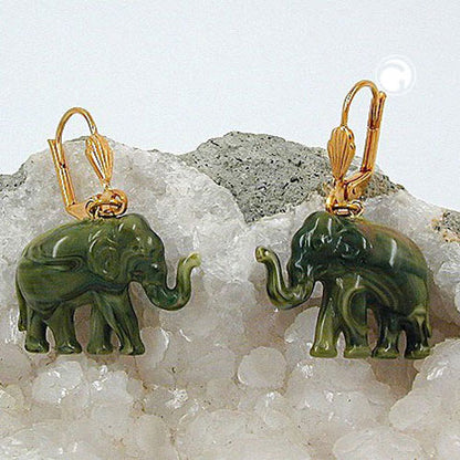 Ear leverback earrings earrings 37x23mm gold-colored elephant mini olive-marbled plastic