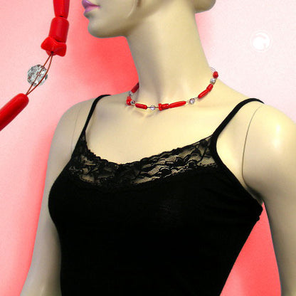 Wire chain with glass beads olive red and crystal silver-mirrored 45cm