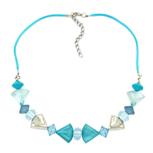 Necklace plastic beads turquoise light blue chrome-colored on satin piping turquoise 42cm