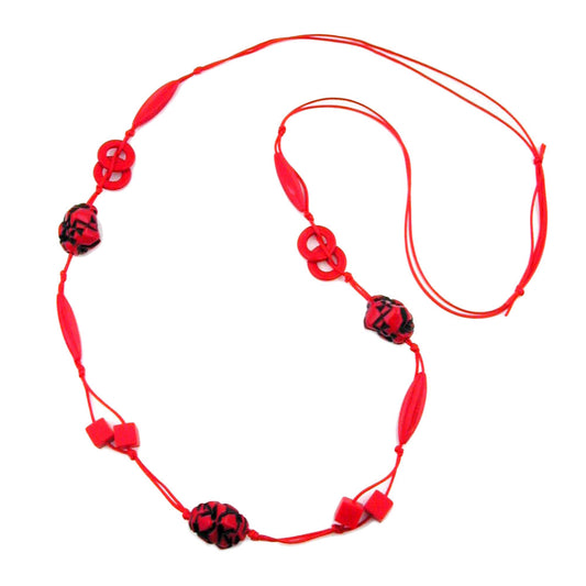 Necklace plastic beads pebble red-black cord red 100cm