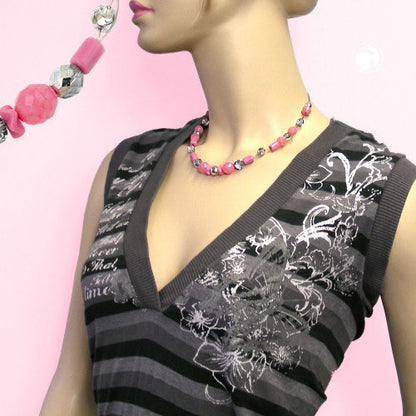 Wire chain with glass beads faceted ball pink and crystal silver-mirrored 42cm