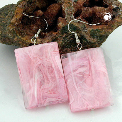 Ear hooks earrings earrings 56x25mm square plastic wavy pink-marbled