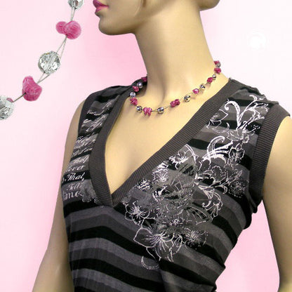 Wire chain with 12x7mm glass beads, antique pink and silver-mirrored, 42cm