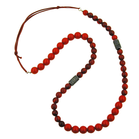 Kette Kunststoffperlen rot-schwarz Walze altsilberfarbig Kordel rot 90cm