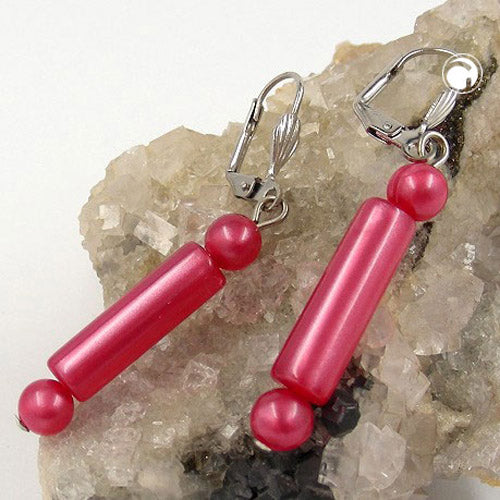 Ear clip earrings 52mm silver-colored pearl and roller red-silky plastic