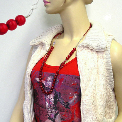 Kette Materialmix Perlen Kunststoff rot-schwarz Kordel rot Kette 95cm