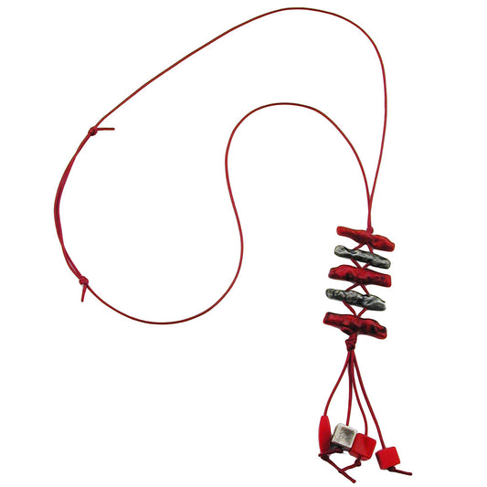 Chain plastic coral red-marbled antique silver cord dark red 70cm