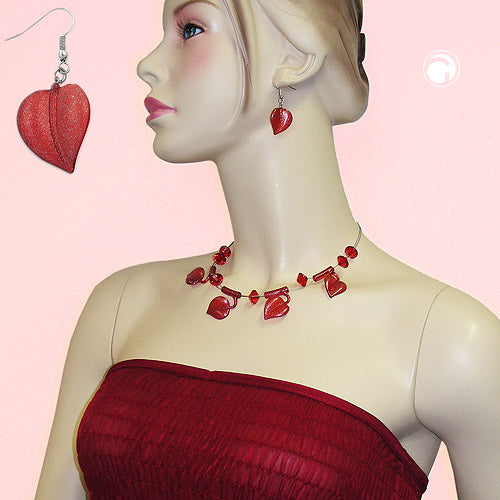 Ear hook earrings earrings 45x20mm plastic bead leaf red with tinsel