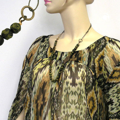 Kette 3x Blattperle oliv 10mm Perlen olivgrün gedrückt Kordel oliv 90cm