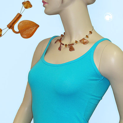 Chain wire chain 4x leaves brown-tone glitter plastic beads 44cm