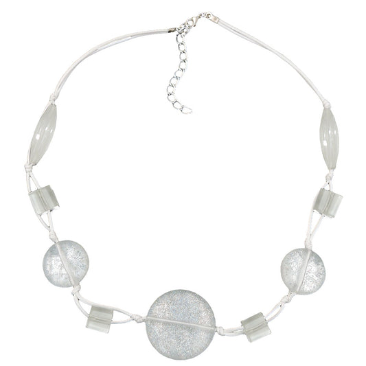 Necklace 3x disc plastic beads white-transparent-glitter cord white 45cm