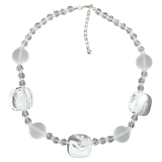 Necklace 3x square beads and faceted beads white transparent plastic 45cm