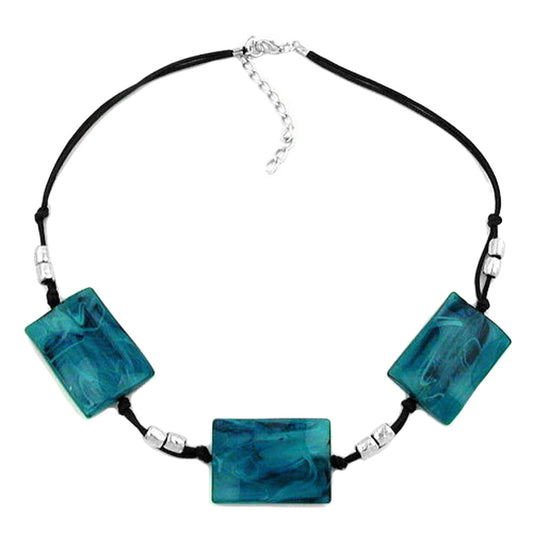 Chain 3x 35x25mm square wavy turquoise-blue-marbled cord black 45cm