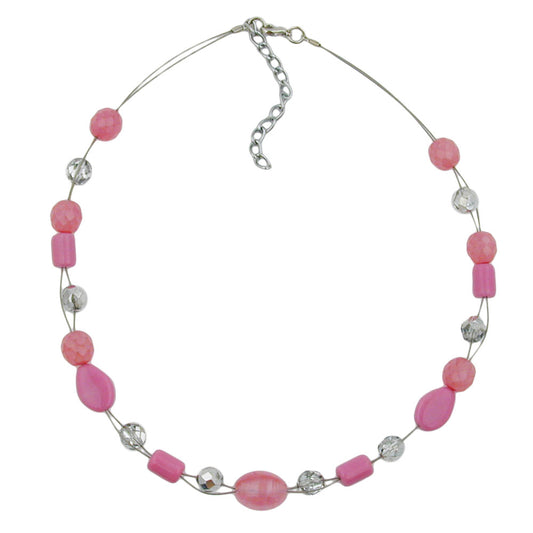 Necklace wire chain with glass beads olive pink and silver-mirrored 42cm