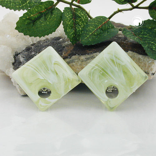 Clip earring 25x25mm square with hole lime green marbled plastic button