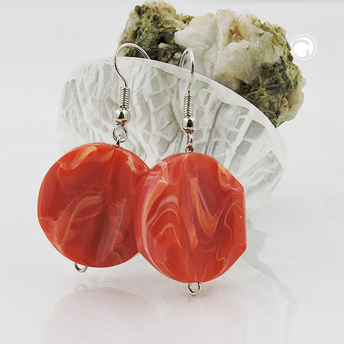 Ear hook earrings 44x22mm disc plastic engraved light red-marbled