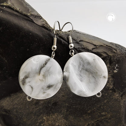 Ear hook earrings 44x22mm disc plastic engraved white-grey