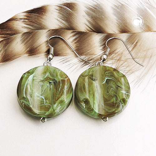 Ear hook earrings 44x22mm disc plastic engraved olive-turquoise