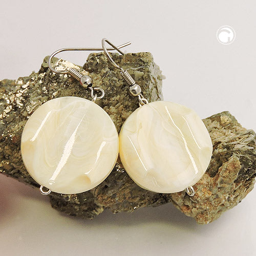 Ear hook earrings 44x22mm disc plastic engraved cream-beige