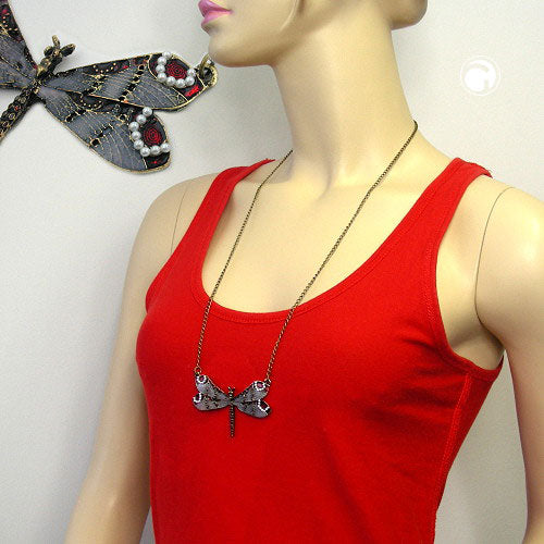 Chain, dragonfly, taupe-red, antique brass, 80cm