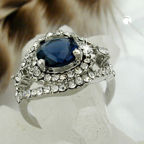 Ring 17mm großer blauer Glasstein mit kleinen weißen Glassteinen rhodiniert