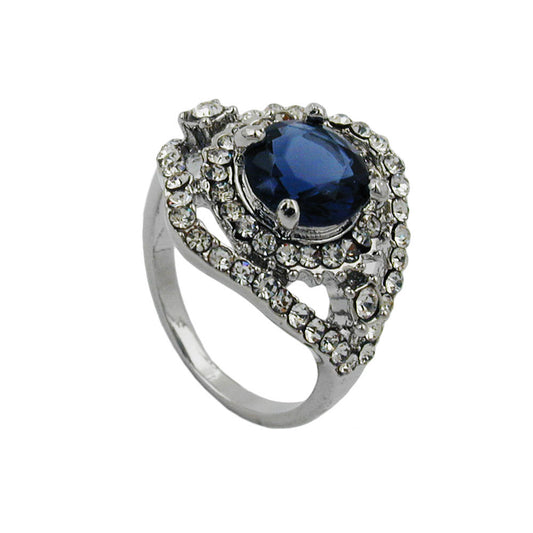 Ring 17mm großer blauer Glasstein mit kleinen weißen Glassteinen rhodiniert