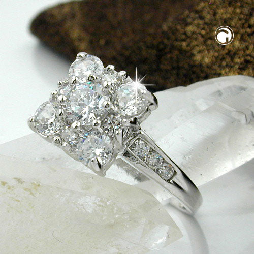 Ring 11x11mm Viereck mit weißen Zirkonias rhodiniert