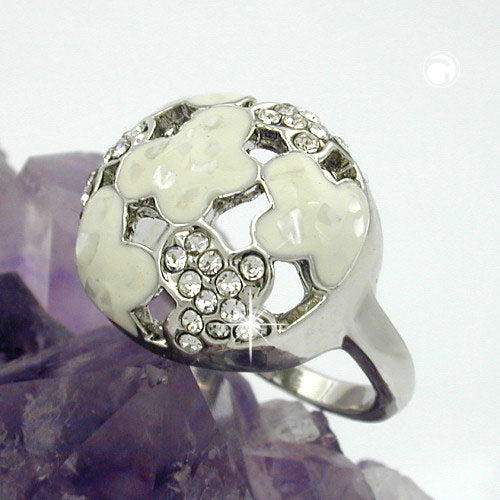 Ring 17mm mit weißen Glassteinen weiß-emaillierten Flächen rhodiniert