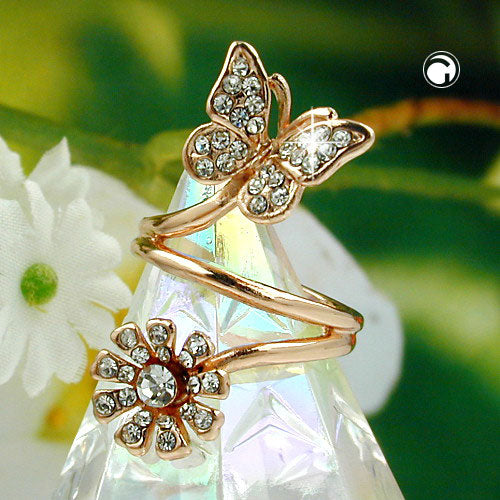 Ring 32mm Schmetterling und Blume mit weißen Glassteinen rotvergoldet