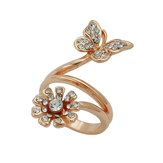 Ring 32mm Schmetterling und Blume mit weißen Glassteinen rotvergoldet
