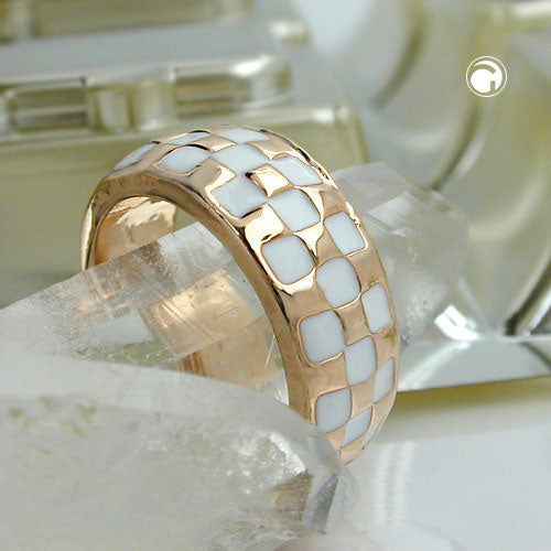 Ring 8mm Schachbrettmuster weiß emailliert vergoldet