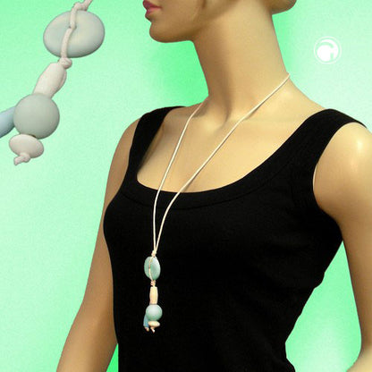 Kette Kunststoffperlen hellblau-beige Kordel beige 80cm