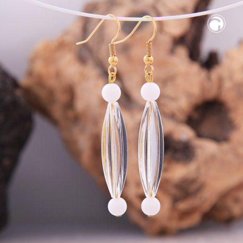 Ear hooks earrings earrings 60x8mm grooved olive crystal-transparent white plastic