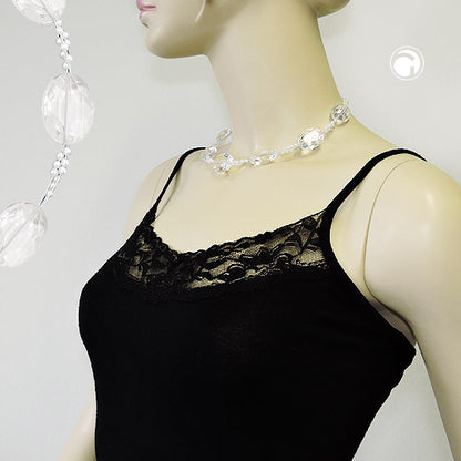 Chain wire chain 7x large stone faceted white-transparent plastic beads 42cm