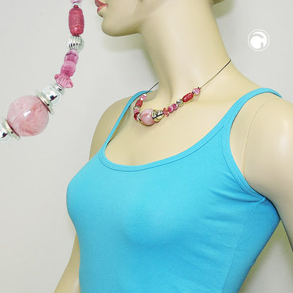 Necklace wire chain large pearl pink old pink silver-colored plastic beads 45cm
