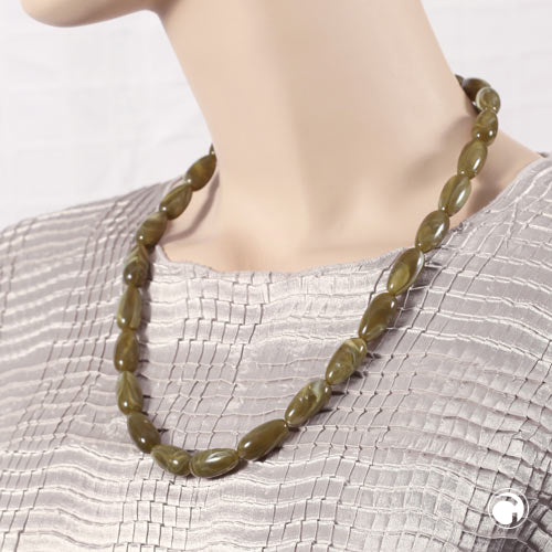Necklace 22x11mm pear pearl plastic olive-white-marbled shiny 60cm