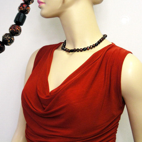 Necklace 10mm plastic beads black-red-gold-speckled 42cm