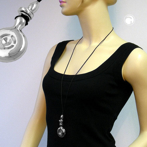 Kette 47x34mm Anhänger Kunststoff chromfarben Kordel schwarz 90cm