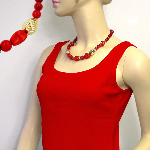 Necklace plastic beads red-marbled and gold-colored 50cm