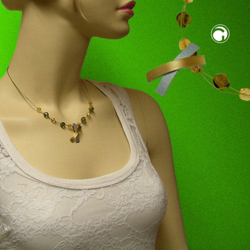 Necklace wire chain glass beads olive-colored metal pendant X-cross bicolor 42cm
