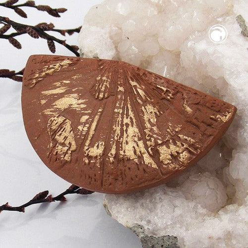 Brooch pin 37x70x7mm plastic fan brown-gold-line