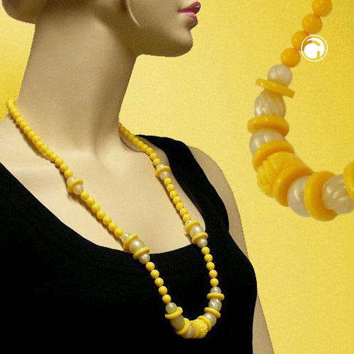 Necklace plastic beads yellow and pastel yellow silky shiny 75cm